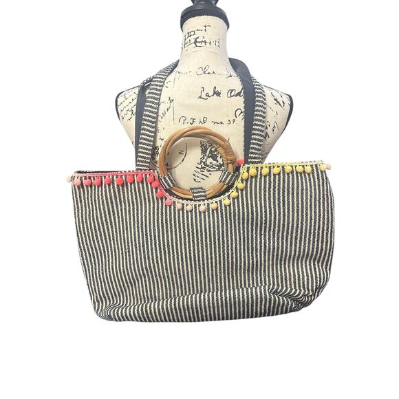 🌺 America & Beyond Embroidered Floral Stripe Tote – 100% Cotton 🌺 - Picture 2 of 10